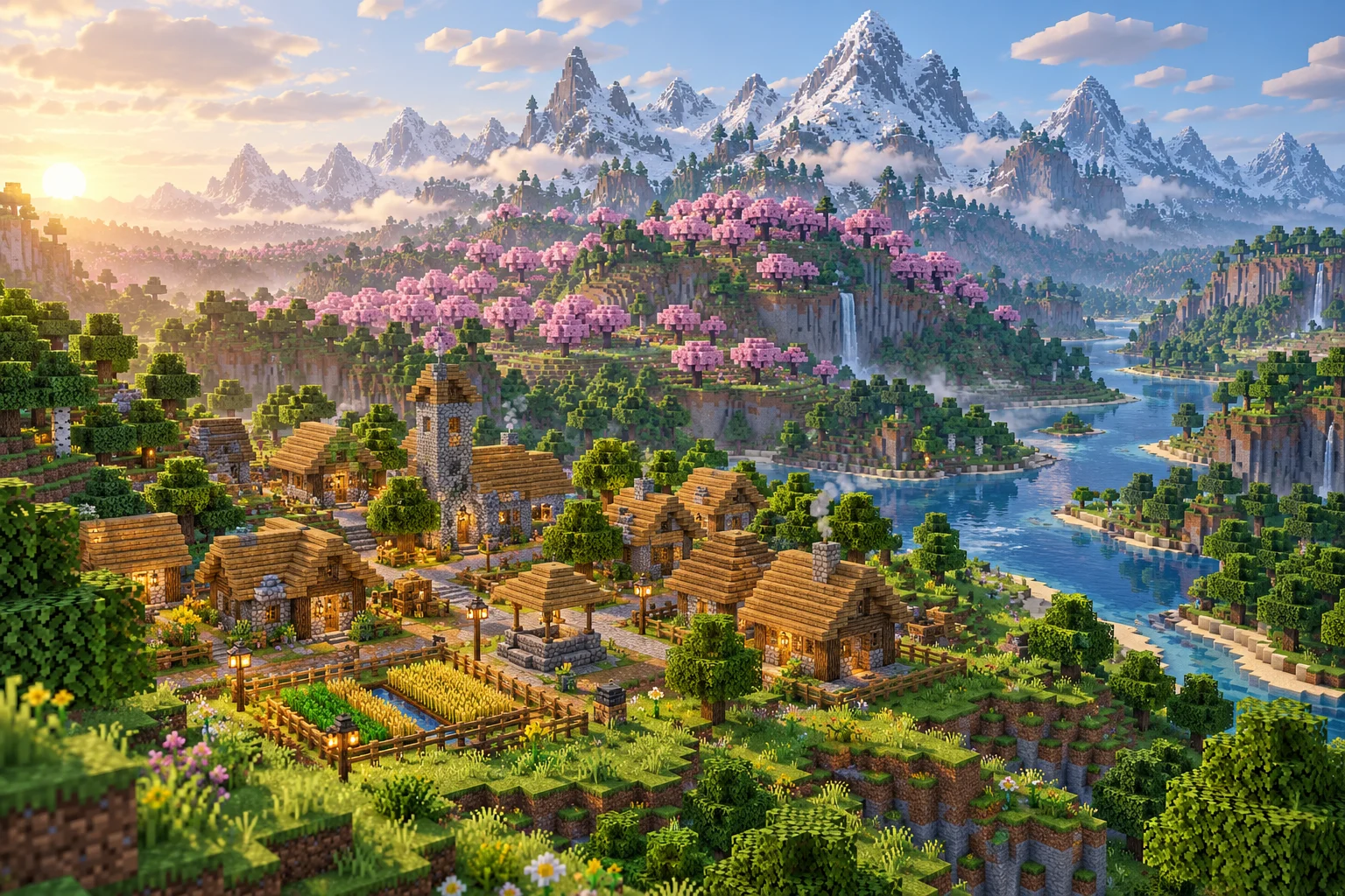 Illustrative voxel landscape with a green village, pink cherry trees, a river, and snowy mountains